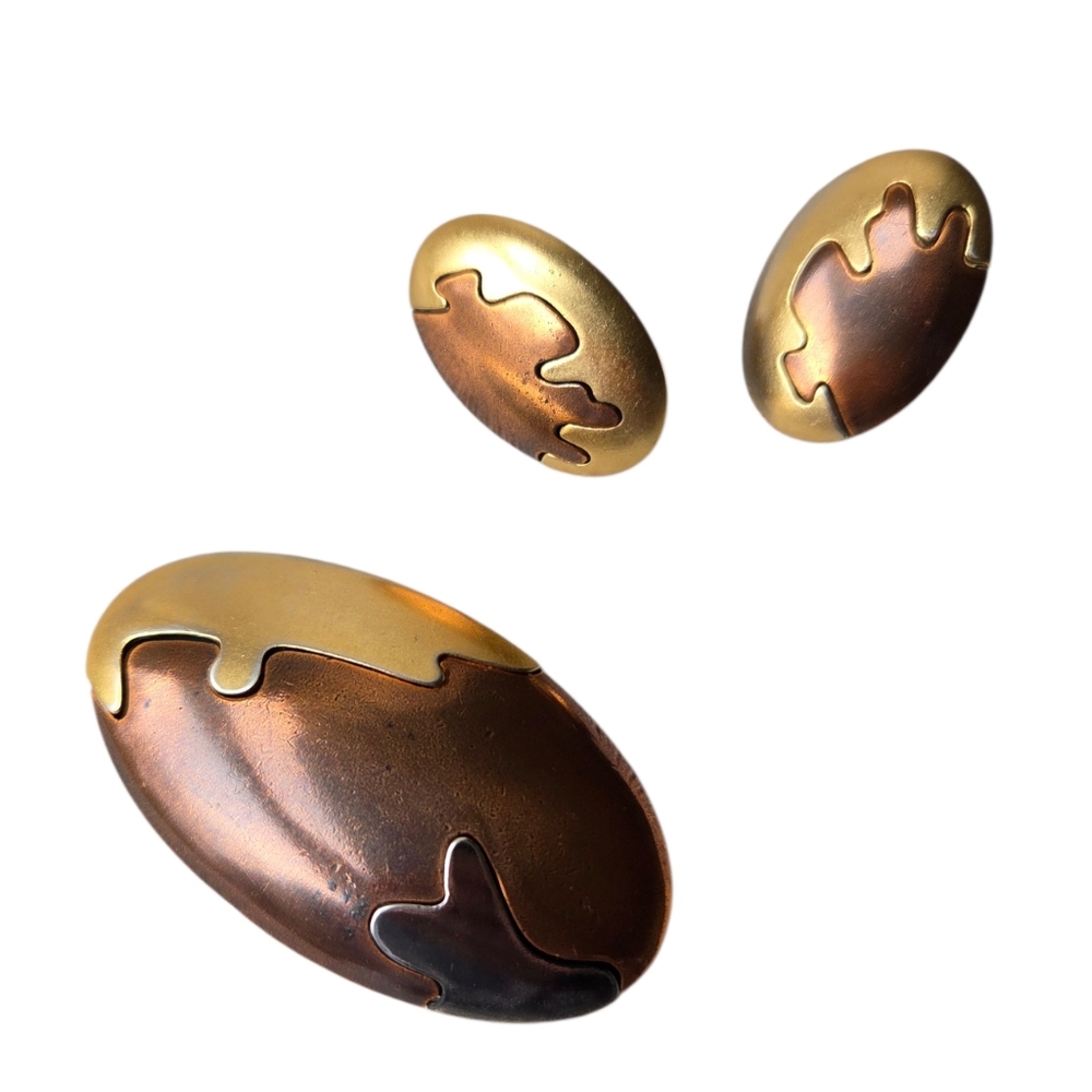 Vintage Yves Saint Laurent YSL Mixed Metal Puzzle Brooch & Clip-On Earrings Set